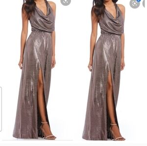 H Halston Golden Taupe Maxi Gown Size L